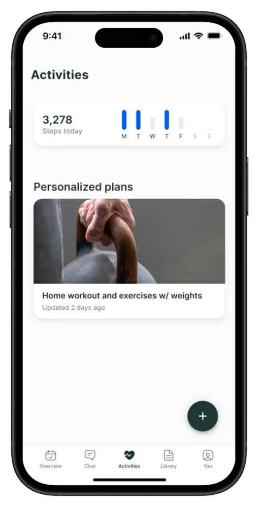 Activities and personalised plans screen in the SUSTAIN coaching app