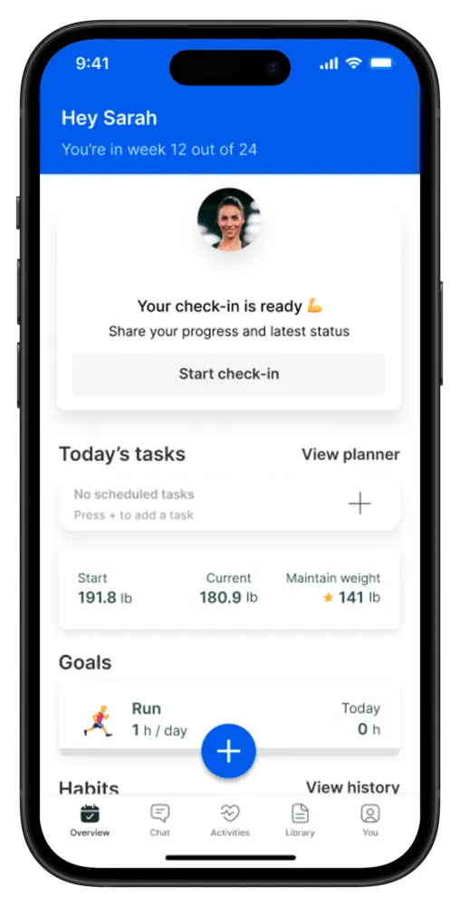 Home dashboard with check-in in the SUSTAIN coaching app